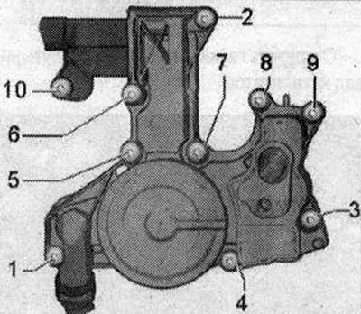 Затегнете болтовете на вентилационната система на картера на двигателя в последователност «1...10»…