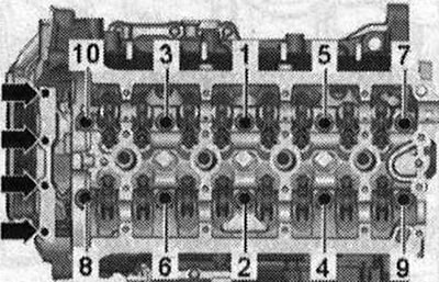Затегнете болтовете на главата на цилиндъра в последователност «1...10», както следва.