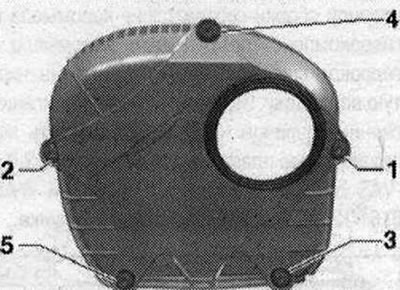 Развийте болтовете «1 до 5» и свалете капака на дясната верига за синхронизация.