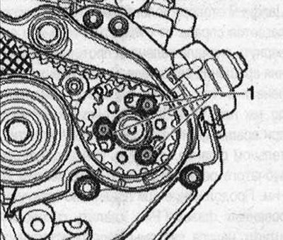 Разхлабете болтовете «1» на зъбното колело на разпределителния вал с приблизително 90°. «Стрелка»…