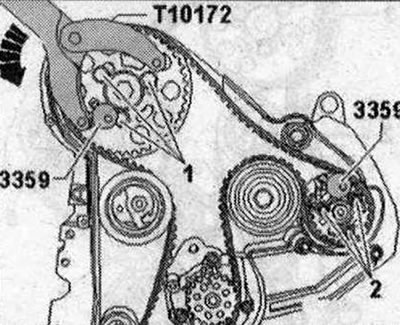 Монтирайте насрещната опора «T10172» на зъбното колело на разпределителния вал, както е показано на…