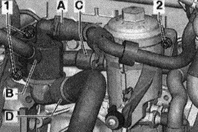 Távolítsa el a hűtőfolyadék tömlőit az «A, B és D» csatlakozócsövekről. Csavarja ki a «2» csavart…
