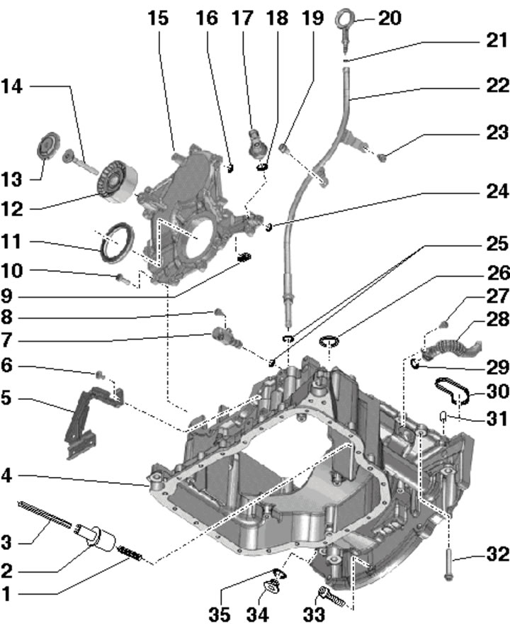 23.1. Installation details of the upper section of the oil pan: