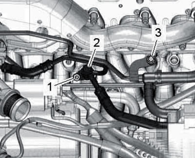 38.10. Bolts (1 and 3) for fastening coolant pipes (2).