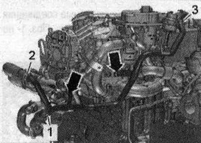 Выкруціць балты «2» трубкі сістэмы рэцыркуляцыі ОГ. «Паз. 1» не ўлічваць.