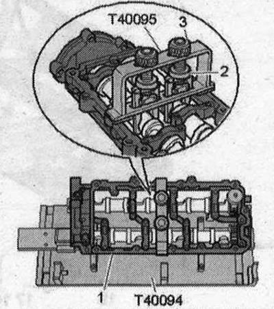 Монтирайте рамката на коляновия вал «1» на двата разпределителни вала. Всички лагери на…