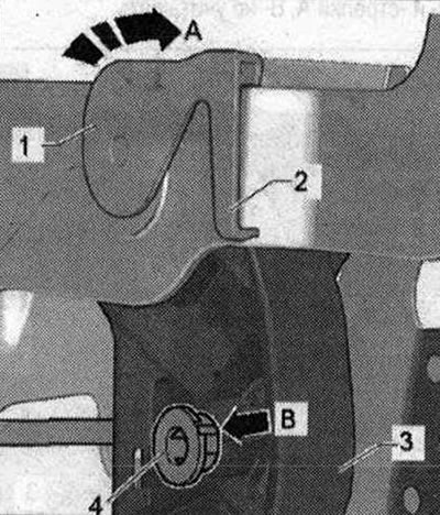 Поставете заключващия щифт «4». Издатината на щифта «стрелка B» трябва да влезе в жлеба на педала…