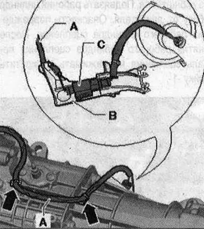 Crimp el. conectați «A» la punctul de control «săgeți». Scoateți suportul «B» cu conectorul «C» al…
