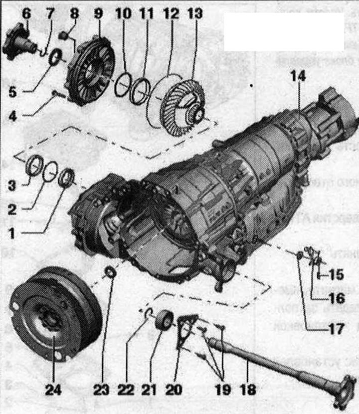 Predný hlavný prevod 1. Tesnenie. ľavý hriadeľový krúžok s prírubou: medzi hlavným ozubeným kolesom…