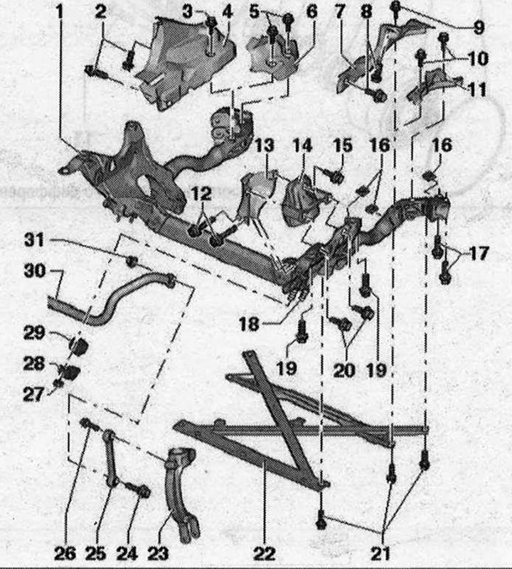 I 1. Pomocný rám; 2/8. Bolt. 9 Nm; 5. 3. 2010. Bolt. 20 Nm; 4/6/7/11. Štít pomocného rámu sa…