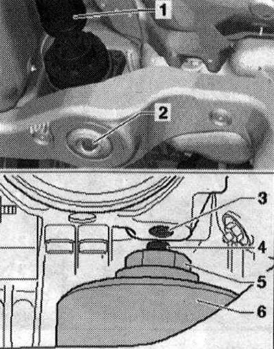 Развийте болта «2». Спуснете подрамата само с 4 см нагоре през карданния вал. В този случай…