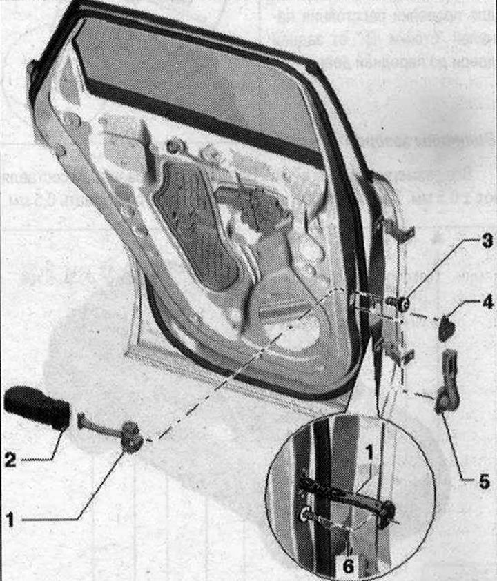 Премахване на ограничителя на отваряне на вратата 1. Ограничител на отваряне на вратата; 2. Гумен…