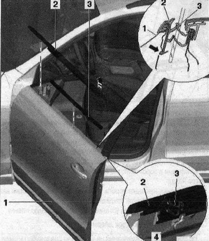 Монтажна схема на външната и вътрешната притискаща лента на предното стъкло 1. Врата; 2. Външна…