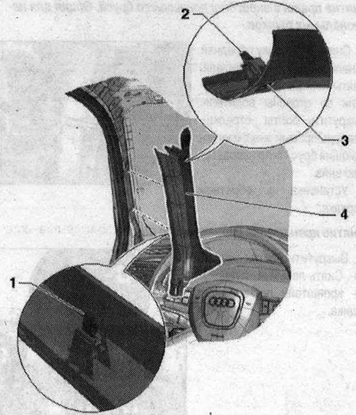 Горна облицовка на А-колони 1. Скоба. 2 бр. Сменете. Поставете в тапицерията; 2. Разширителна…