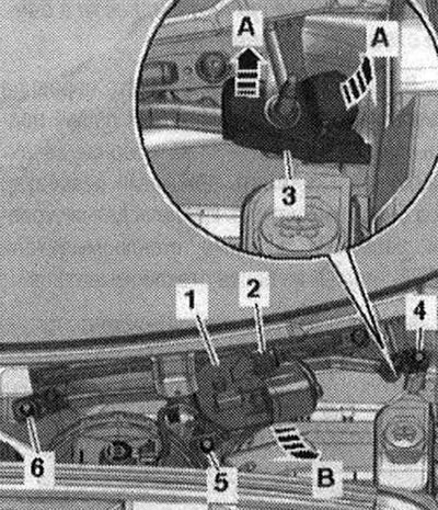 Завъртете рамката на чистачките на предното стъкло «1» с лоста и двигателя на чистачките на…