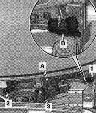 Монтаж в обратен ред: монтирайте двигателя на чистачките «A» с рамката на чистачките в каросерията.…