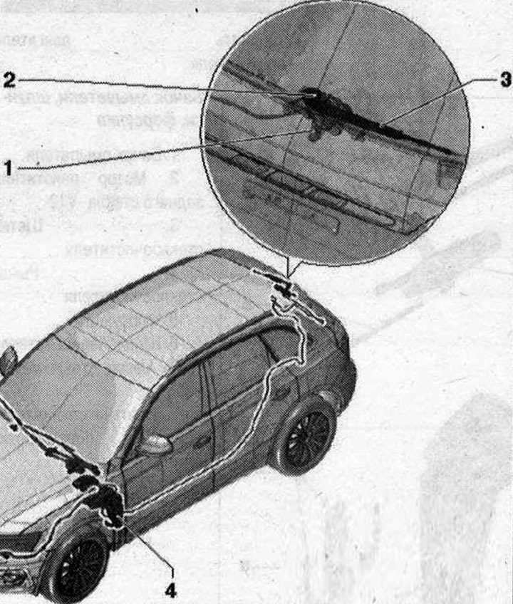 Wycieraczka i spryskiwacz tylnej szyby 1. Silnik wycieraczki tylnej szyby «V12»; 2. Dysza; 3. Ramię…
