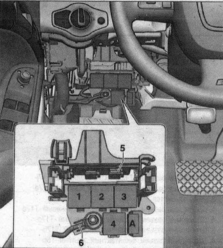Място за монтаж на реле/предпазител с използвана бордова мрежа «J519» за автомобили с ляв волан:…