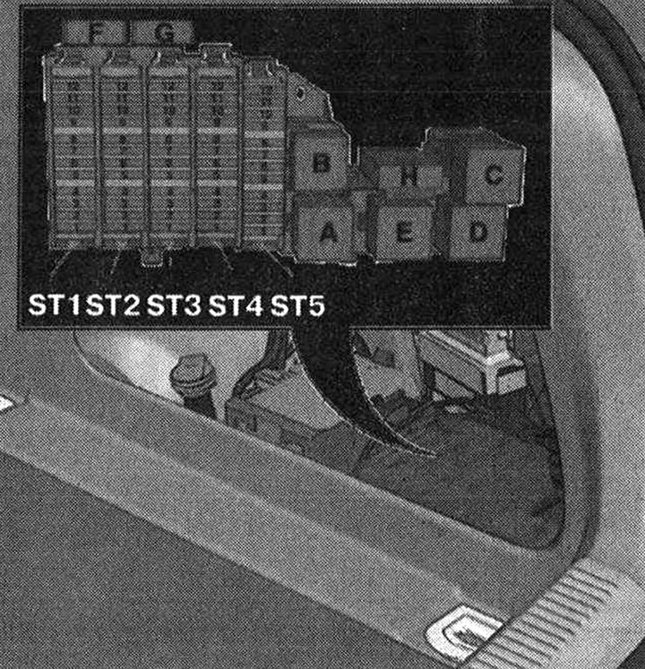 Място за монтаж на реле/предпазител F «SF» до 2009 моделна година; В багажника зад дясната…